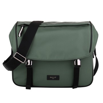 BALLY 皮標LOGO尼龍雙釦斜背郵差包(灰綠)大款