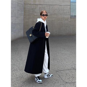 NEVA HU黑色毛呢大衣女中長款2024新款寬松顯瘦過膝呢子西裝外套