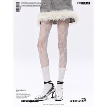 mingoto彌構春秋蝴蝶結疊穿連褲襪鏤空薄款蕾絲網襪jk白色絲襪