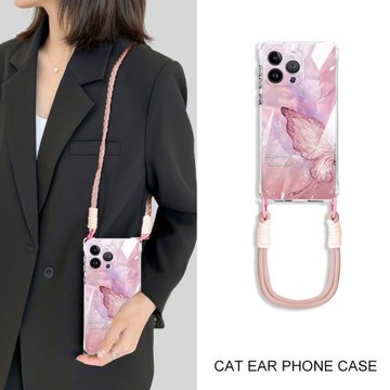 適用蘋果16手機殼新款透明超薄防摔iPhone16Pro斜跨背包式女15Promax蝴蝶高級感15Pro帶掛繩14/12Pro個性潮牌