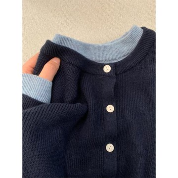 2025年新款高級感藏青色毛衣外套女早秋慵懶寬松百搭假兩件針織衫