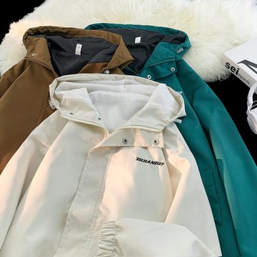 日系潮牌情侶沖鋒衣外套春秋季戶外寬松連帽休閑防風防水工裝夾克