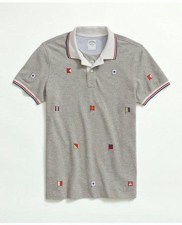 Brooks Brothers Men's Cotton Slim-Fit Embroidered Nautical Flag Polo Shirt | Grey Heather | Size XL