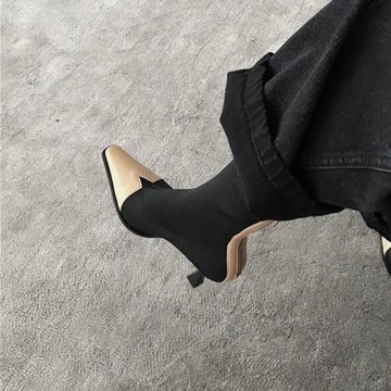 高跟小方頭短靴女2024冬季新款歐美拼接后拉鏈瘦瘦彈力靴真皮裸靴
