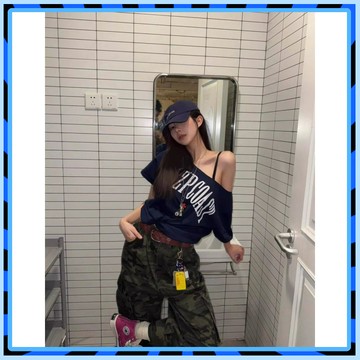 🥇台灣出貨 滿額免運🥇 美式複古辣妹斜肩短袖T恤女夏季新款寬鬆顯瘦慵懶風露肩別緻上衣 💎品質保證💎147-A-4