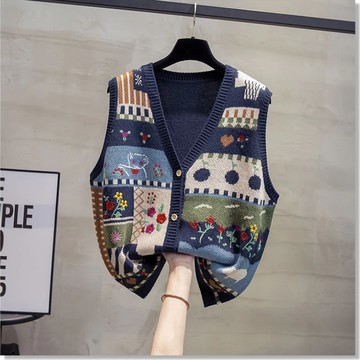 塗鴉v領針織開衫馬甲背心女寬松外穿馬夾毛衣坎肩潮【步行者戶外生活館】