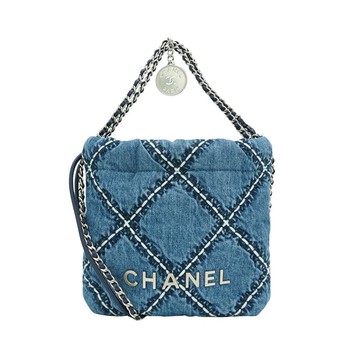 Chanel 展示品 22 mini 銀Logo白色粗縫線牛仔布斜背包(AS3980-牛仔藍)