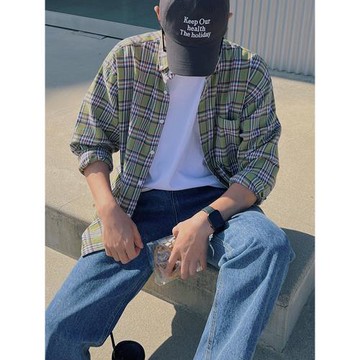 MRCYC長袖襯衫男秋季韓版寬松潮流格子寸衫百搭復古休閑襯衣外套