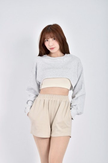 (S) pazzo質感修身短版棉質純面刺繡灰色長袖上衣