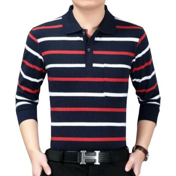 春秋季男士長袖t恤翻領條紋polo衫寬松大碼純棉體恤中年男裝上衣