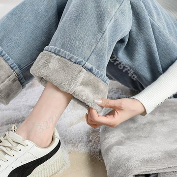 新款💖牛仔寬褲 休閒長褲 韓版刷毛加厚牛仔褲女2024冬季新款韓版高腰顯瘦百搭寬鬆直筒寬褲潮 哈倫褲 直筒牛仔褲 長褲