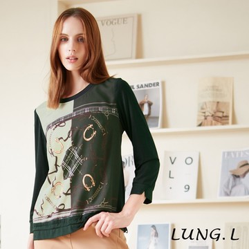LUNG.L林佳樺 綠色鎖鏈印花拼接彈性素面七分袖女裝上衣LQ57A