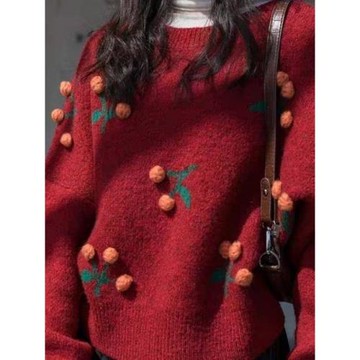 網紅冬季新款毛衣甜甜的櫻桃女孩減齡圓領上衣加厚針織衫套頭外套