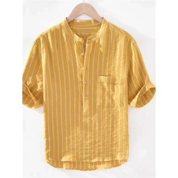 冰絲亞麻襯衫男高級感中式立領短袖外套男士夏季抗皺條紋半袖襯衣