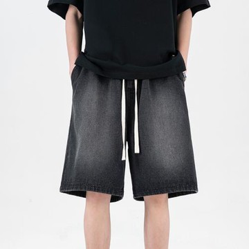 黑色牛仔短褲男夏季薄款寬松休閑褲直筒運動五分褲美式復古高街褲