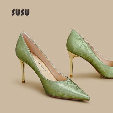 刺繡綠色高跟鞋女2024新款細跟配旗袍新中式輕國風裙子搭配的鞋子