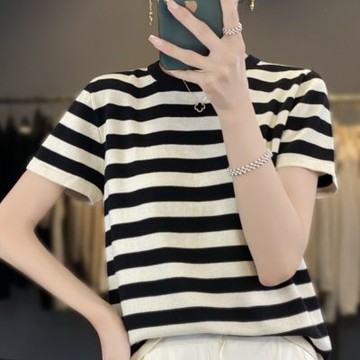 [米蘭精品] 現貨+預購 T恤短袖上衣-棉質條紋拼色休閒女裝2色74lc69