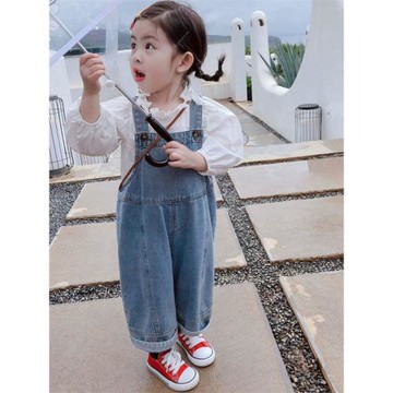 兒童直筒牛仔背帶褲春秋季中小童女寶寶韓版寬松長褲女童男寶褲子