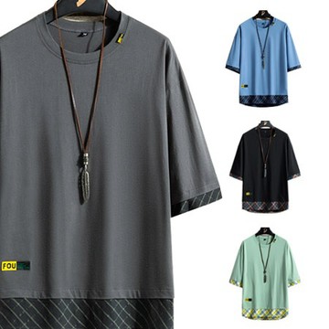 【Billgo】※現貨【灰M/豆綠2XL/黑4XL】純棉拼接格紋潮流寬版T恤 男夏天短袖上衣【CW44075】