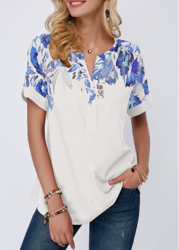 Leaf Print Roll Cuff Split Neck Blouse