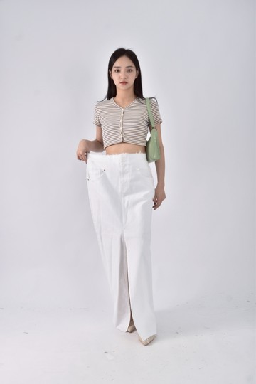 (XL) frame丹寧牛仔棉質開衩白色長裙