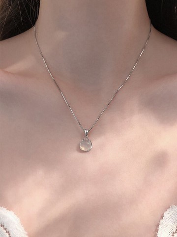 925純銀白玉髓圓形吊墜項鏈設計感小眾女鎖骨鏈輕奢夏簡約