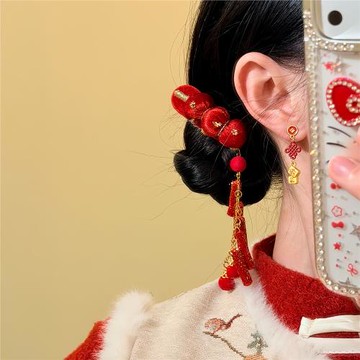 年味滿滿~紅色糖葫蘆流蘇發夾女2026馬年新年頭飾可愛側邊夾發飾