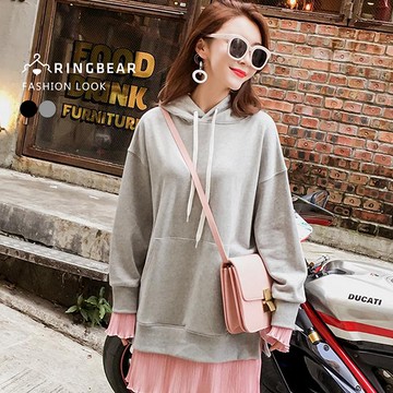 長版上衣--優雅氣質抽繩連帽質感口袋開衩下襬假兩件上衣(黑.灰XL-3L)-X257眼圈熊中大尺碼