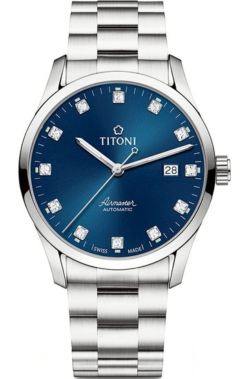 TITONI 梅花錶 空中霸王系列 璀璨寶石鑲嵌 經典斯文男腕表(83743S-656)-39mm-藍面鋼帶【刷卡回饋 分期0利率】【APP下單點數13倍送】