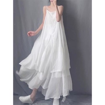 棉麻連衣裙女夏季2025新款文藝范中長裙無袖吊帶裙不規則大擺裙子