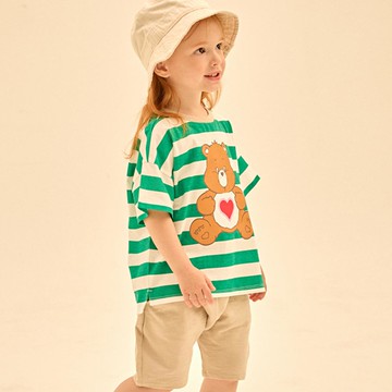 韓國 Care Bears - 聯名款條紋愛心熊短袖套裝-綠X淺杏