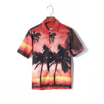 夏季新款女裝時尚黃昏日落椰樹印花上衣翻領短袖寬松顯瘦襯衫