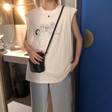 夏季新款簡約印花寬松背心韓版chic中長款百搭無袖圓領上衣女1入