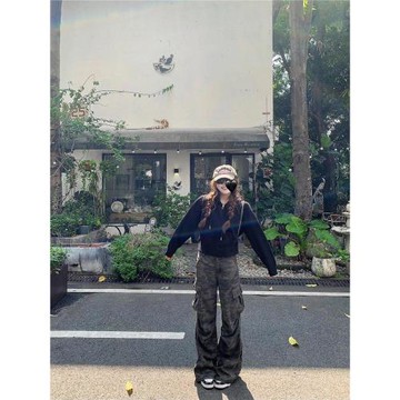 (免運)美式直筒迷彩工裝褲女秋季休閑百搭高腰寬松顯瘦闊腿牛仔拖地褲子