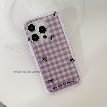 NINE NICE*ins香芋紫格子黑色波點蝴蝶結二合一適用蘋果17promax手機殼iphone16pro保護套13少女心15防摔