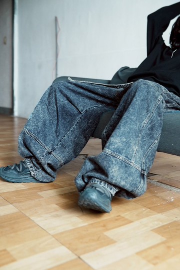 大河道極寬鬆落地牛仔褲 附綁繩 - 2色 - 藍