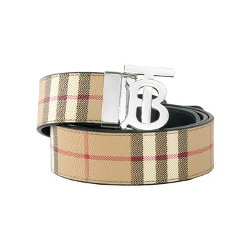 BURBERRY 銀色TB Logo 格紋帆布及皮革雙面可用皮帶(經典米色) 8069853 A7026