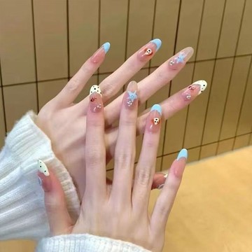 ✨臺灣出貨✨ 小狗星星藍粉撞色法式帶鑽美甲穿戴甲中橢圓ins韓系卡通手指甲貼