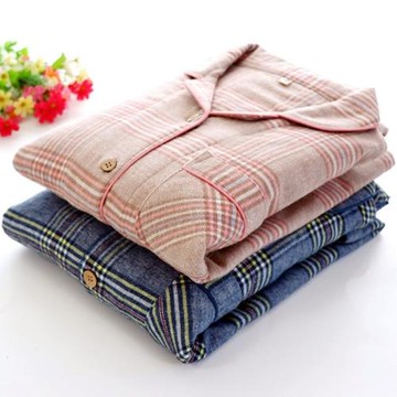 秋冬加厚雙層絨布純棉磨毛簡約格紋情侶男家居服女士長袖睡衣套裝