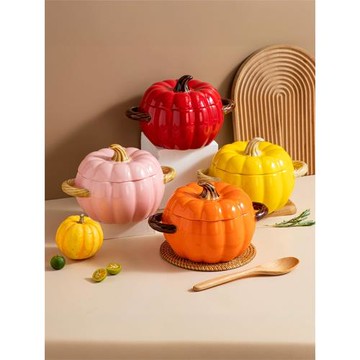 創意可愛雙耳南瓜湯碗隔水燉盅蒸蛋番茄碗帶蓋烤碗高顏值烘焙餐具