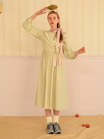 Mintcheese 春日忌廉青提花邊領淺綠天絲棉長連衣裙