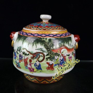 古玩 景德鎮陶瓷十三童子鬧春圖儲物罐客廳裝飾工藝品擺件 童子罐