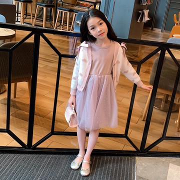女童洋氣連衣裙新款秋裝中大童小女孩開衫毛衣裙子兒童兩件套1入