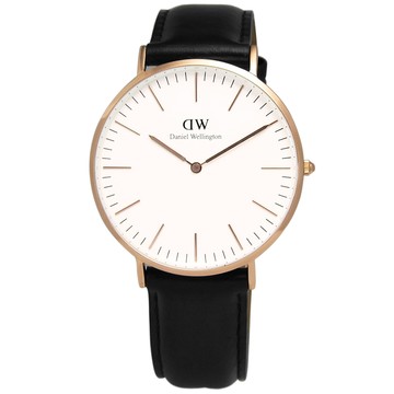 【DW Daniel Wellington】/ DW00100007 / Classic 經典雪菲爾真皮手錶 白x玫瑰金框x黑 40mm