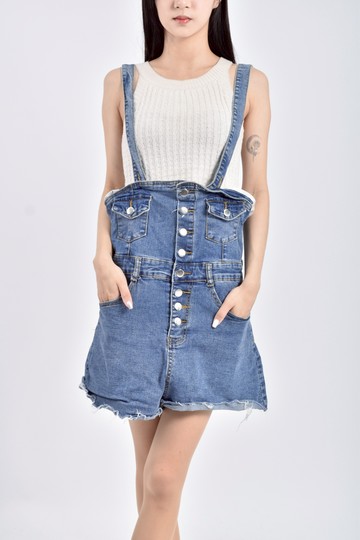 (L) 高腰丹寧牛仔吊帶寬肩帶藍色短褲