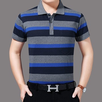 新品【夏季】男士短袖翻領T恤大碼半袖POLO衫有領男士條紋T恤有口袋中老年服裝
