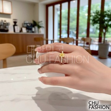 【CHU】韓國直輸 金鍊黃花珍珠開口戒指 韓系春日甜美款