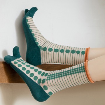 二趾襪 女士夏季薄款透明玻璃絲襪子 圓點復古木屐拖鞋襪 分趾卷邊中筒襪