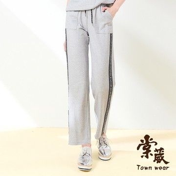 【TOWNWEAR棠葳】休閒印字純棉長褲(中大尺碼/女下身/女下著/口袋/拼接/鑽飾/棉質/抽繩)