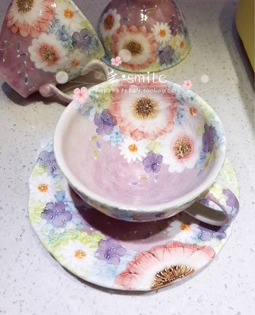 進口繁花瀨戶燒手繪釉下彩紫京花馬克杯杯碟杯咖啡杯碟碗